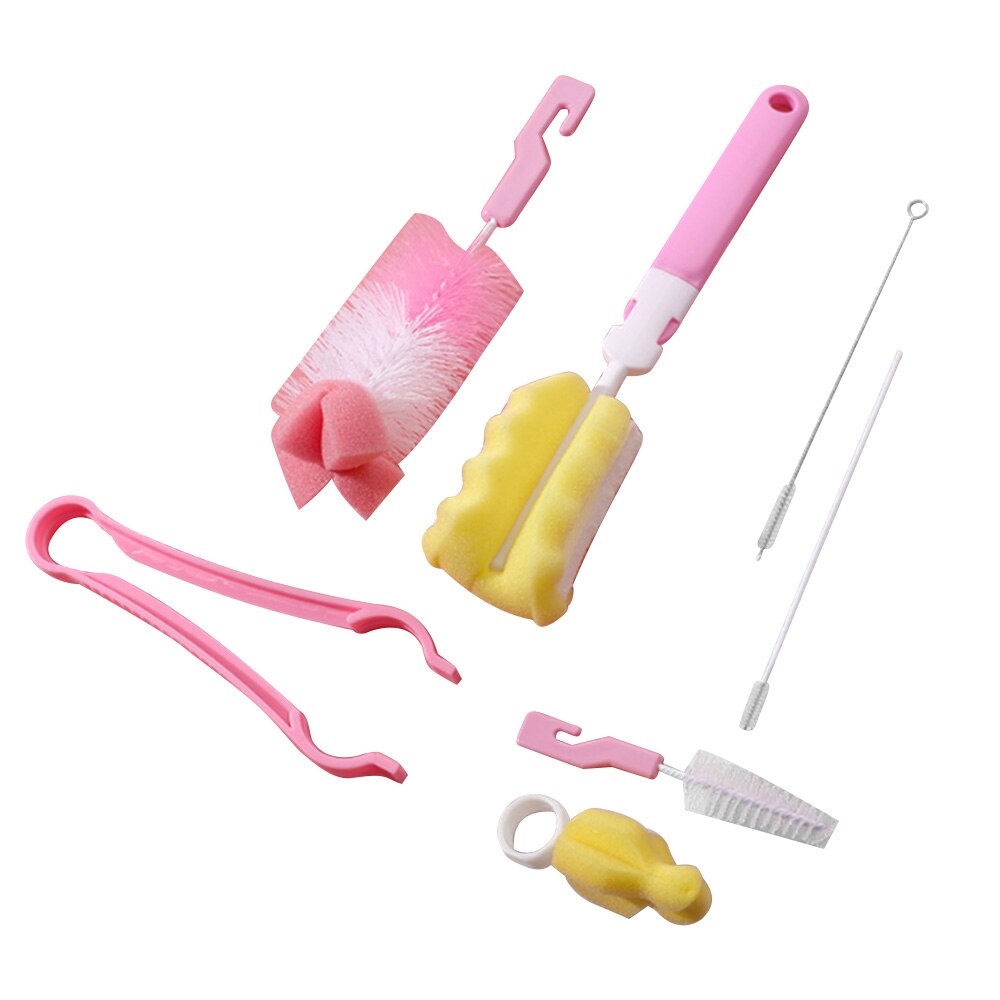 7 unidades/juego de brochas de lavado, esponja para botella de leche, utensilios con mango, tetina de tubo para niño pequeño, Juego de cepillos para taza de agua: Pink