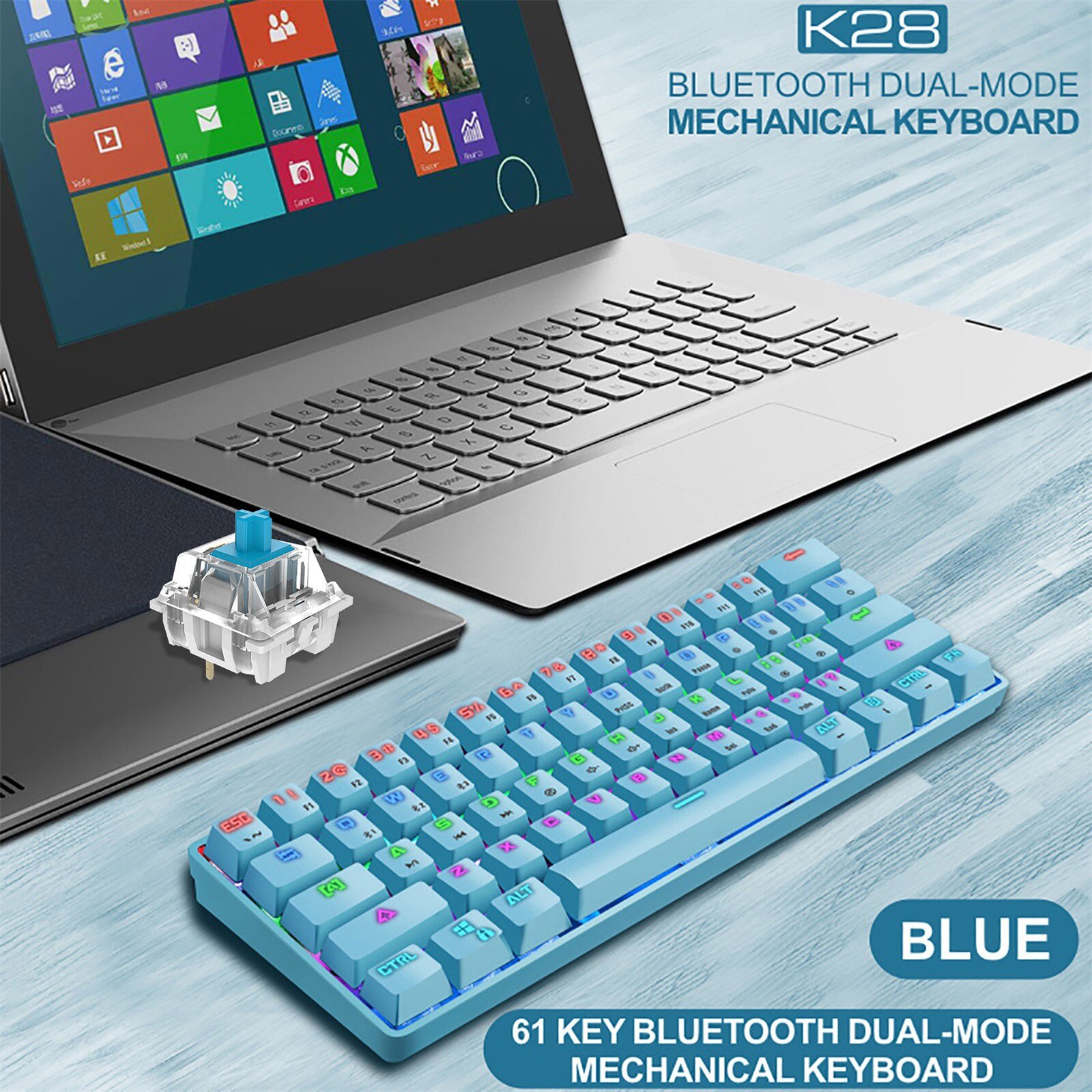K28 Sans Fil Bluetooth 61 touches bi Rvb Rétroéclairé Clavier De Jeu Mécanique Étanche Divertissement Pour Ordinateur De Bureau Gamer