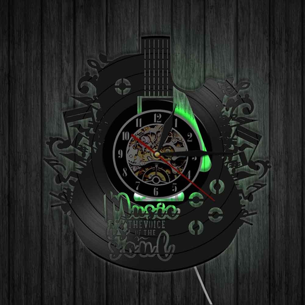 Gitar form klassisk vinyl plate vegg colock veggkunst med 7 farger led lys for hjemme stue bar kontor dekorasjon