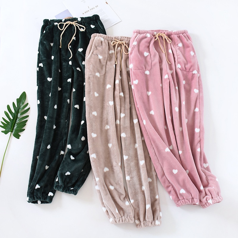 Winter Pants Women Flannel Home Clothes Pink Star Printed Trousers Wide Leg Sweet Pajama Pants Large Size Thicken Warm Sleepwear