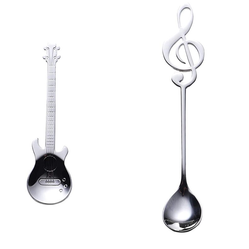 6Pcs Note Spoon and Guitar Spoon Set Teaspoon Stainless Steel Note-Shaped Coffee Spoon (3 Notes + 3 Guitars): Default Title