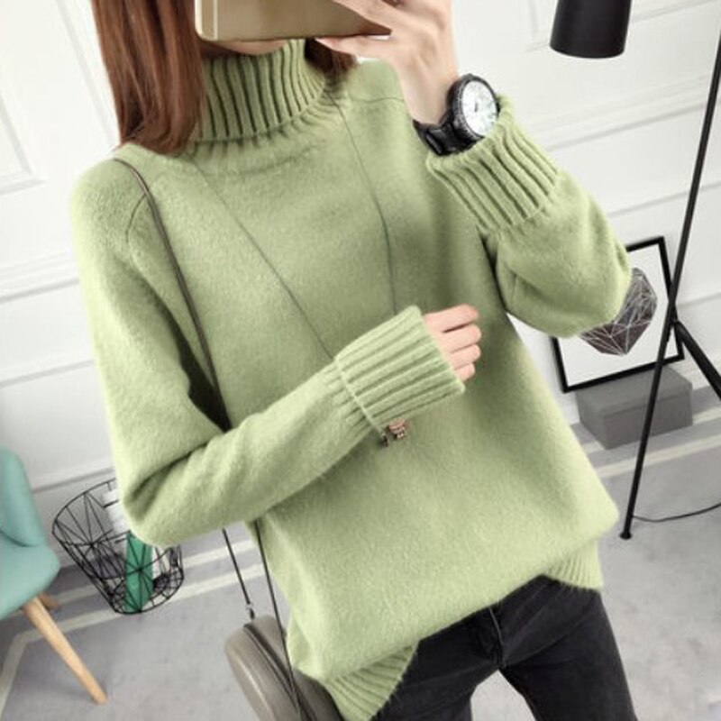 Autumn winter Women Knitted Sweaters Soft Pullovers Turtleneck Long Sleeve Solid Color Slim Elastic Short Sweater Women