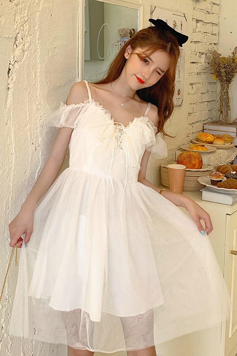 Net rode koreaanse meisjes chique bandjes rok taille omsluitend afslankend western veterjurk vrouwelijke zomer lolita