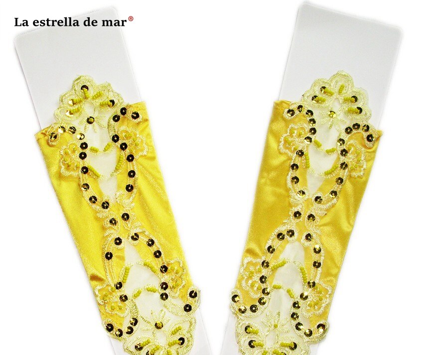 Gants de mariage pour mariée perle multicolore satin sans doigts mariée gants de mariage coude spot applique mariage perlé: Jaune