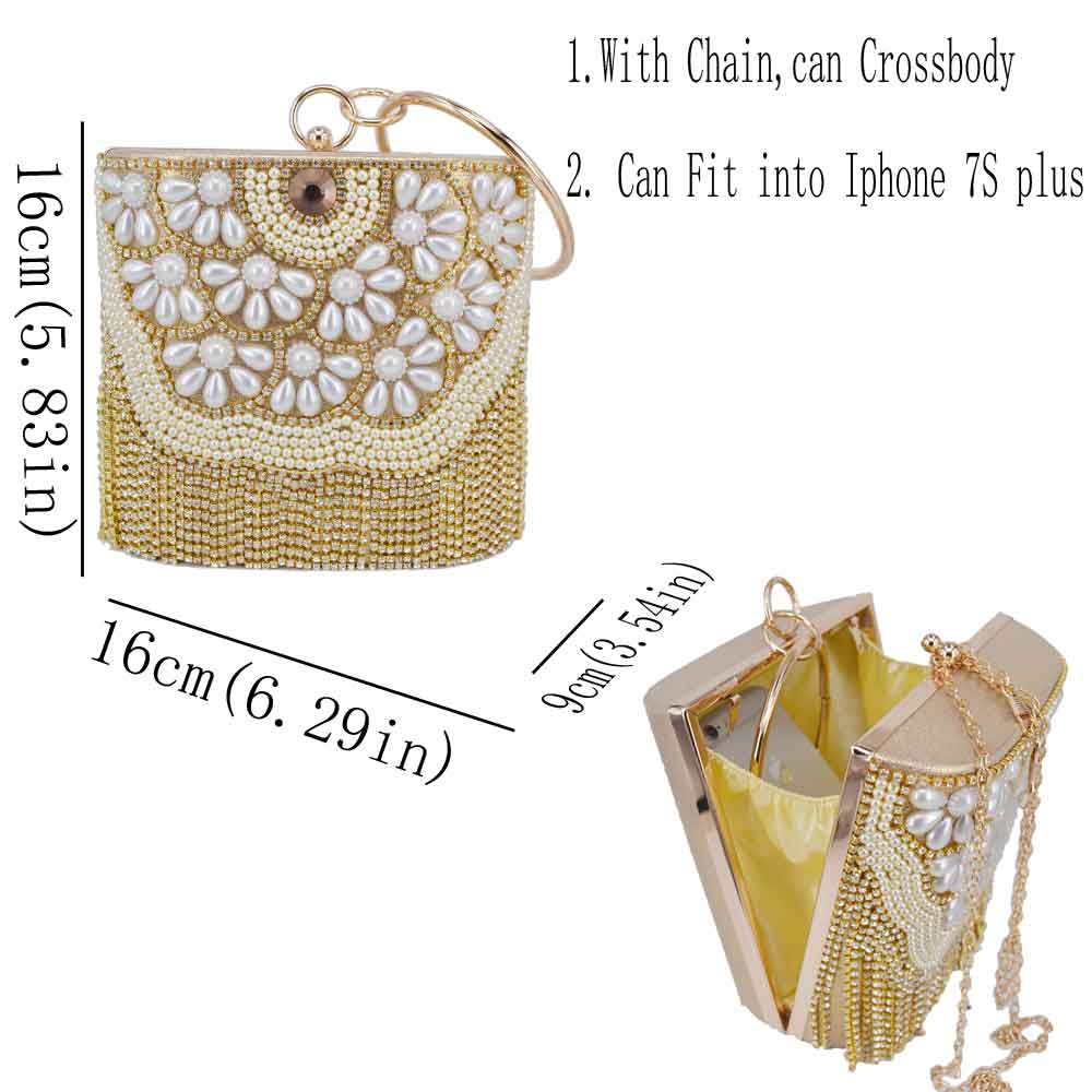 Sacs à main en cristal doré pour femmes, pochettes à glands, sacs de soirée à perles, sacs à poignet en fer, fourre-tout à bandoulière