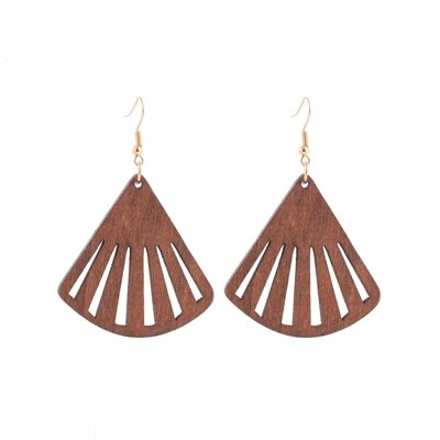 YULUCH Ethnic woman earring for wooden fan-shaped hollow pendant earrings jewelry: brown