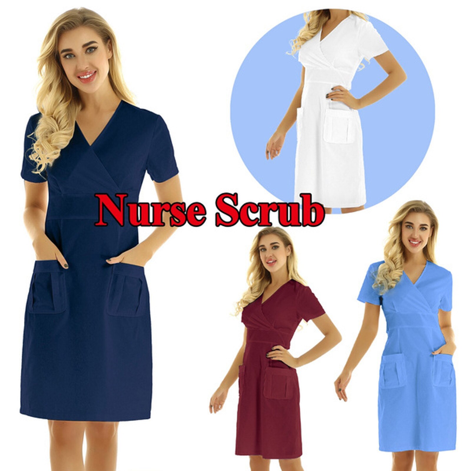 women's uniform dress Casual Short Sleeve V-neck Solid Working Uniform Solid Pocket Dress beautician uniform nurse uniform