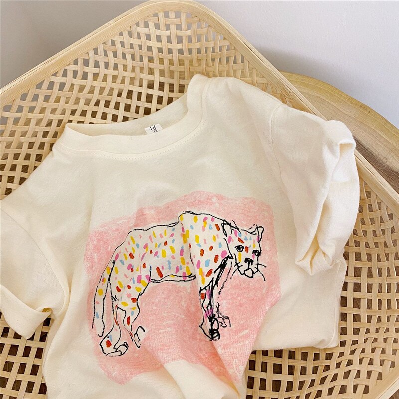 Mærke børn t-shirt til piger og drenge baby børn tøj leopard tegning hvid t-shirt tøj til pige sommer børn top tøj: 2 / 3t 100cm