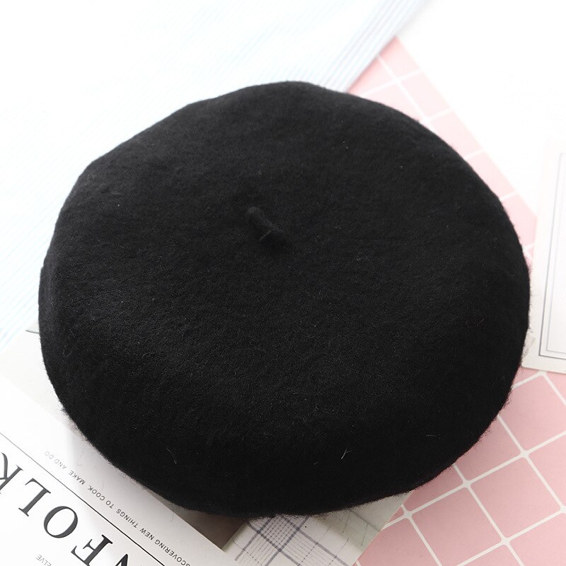 Høst vinter kanin pels beret lue for kvinner jenter solid varm baret fransk lue utendørs reise beret maler lue dame cap: Svart 1