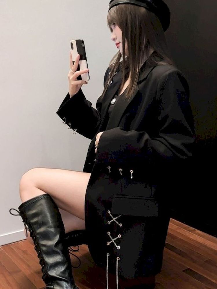 Chaqueta gótica para mujer, chaqueta informal a la , abrigo con cadena y bolsillo con hebilla única, ropa de calle, otoño e invierno, 2022