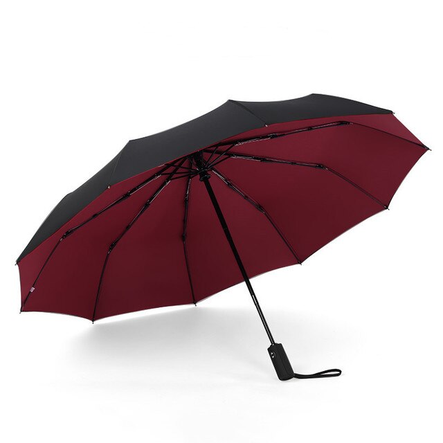 Three Folding Automatic Umbrella Rain Women Auto Luxury Big Windproof Umbrellas academy Men Double layer 10 Ribs Large Parasol: Double Red wine