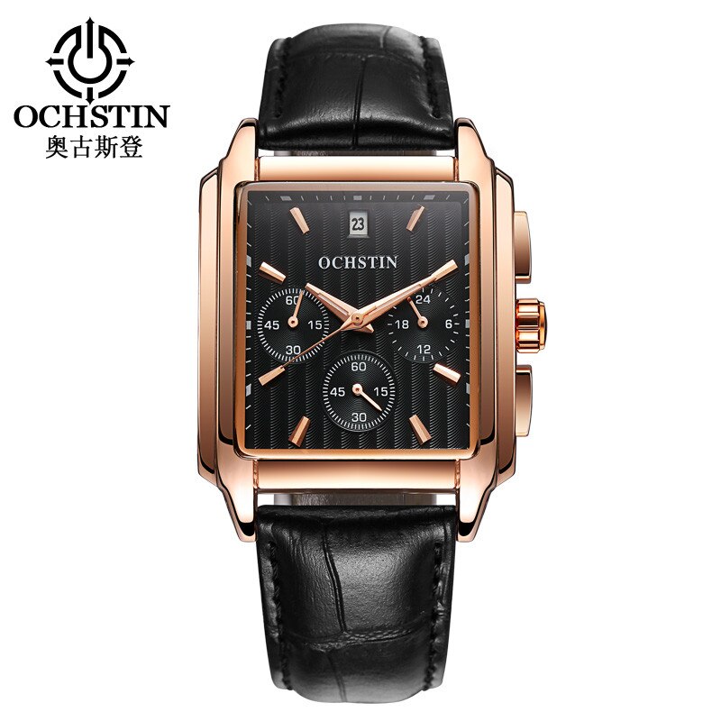 OCHSTIN , reloj cuadrado de cuarzo negro para hombre, reloj de negocios de de lujo, Reloj analógico con correa de cuero para hombre, reloj con cronógrafo: Rose black