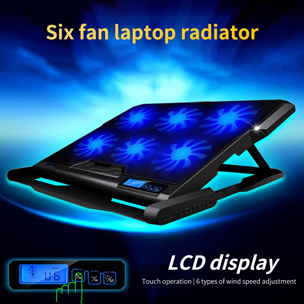 Base de refrigeración para ordenador portátil y PC, enfriador con 6 ventiladores, 2USB, LED, con ventilador de luz, soporte a prueba de deslizamiento