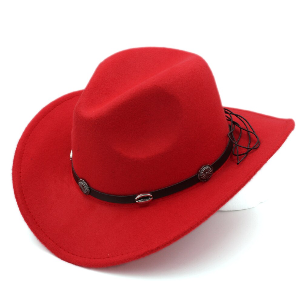 Mistdawn vintage stil bred skygge western cowboy hat cowgirl cap australsk stil hat m / læderbånd størrelse 56-58cm: Rød