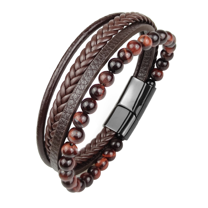 Pulseira de couro trançado para homens vintage, 4 tamanhos de tigre, pedra de amuleto, pulseira étnica rústica de aço inoxidável com contas: B brown-red stone / 18.5 centímetros