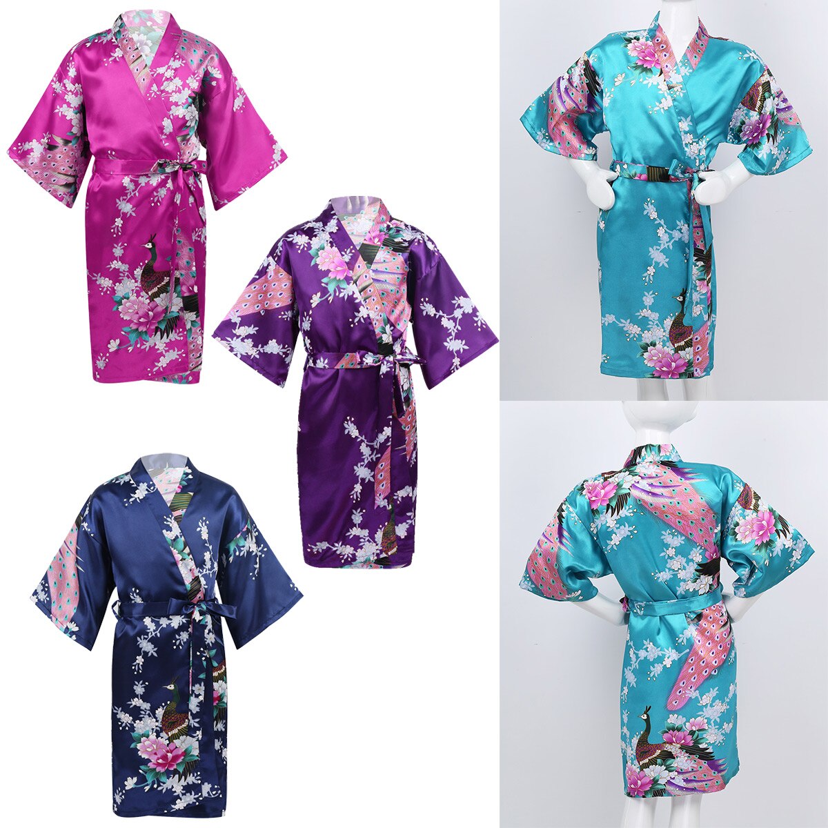 Barn flickor påfågel blomma tryckt satin kimono dräkt kors omlott v-ringad dräkter morgonrock nattlinne sovkläder för spa fest födelsedag