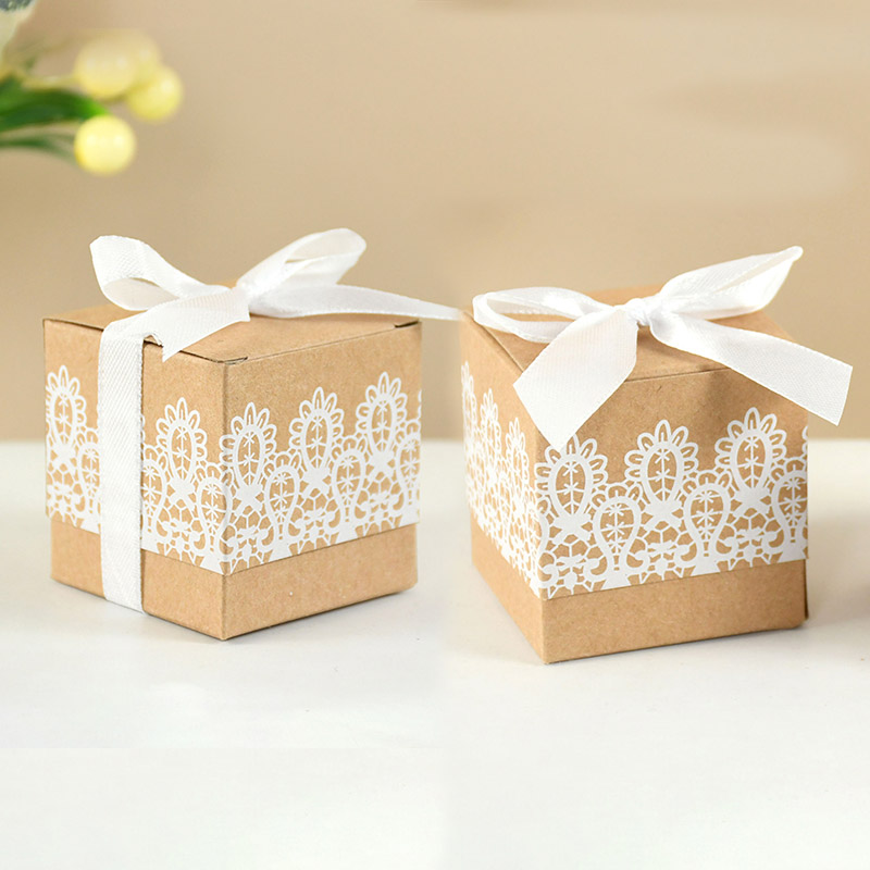 Caja con lazo de encaje para dulces, caja de papel Kraft con cintas, caja de de cumpleaños y boda, 10 piezas