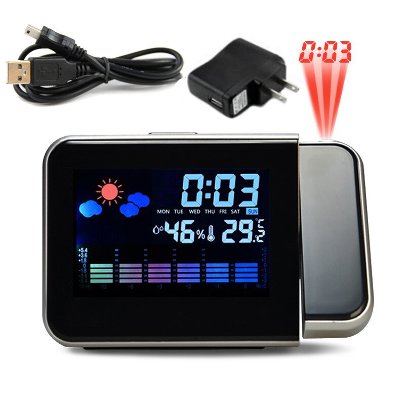 Tijd Horloge Projectie Wekker Snooze Digitale Wekker Met Weerstation Thermometer Datum Lcd Display Desktop Klok: Black US Plug