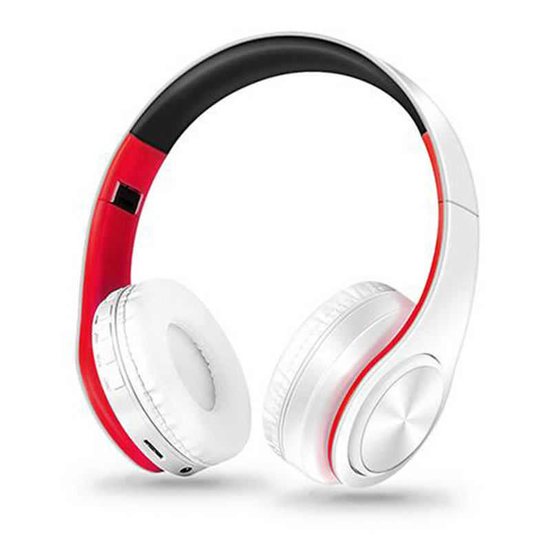 Colorful Wireless Earphones Bass Bluetooth Headphones Over-Ear foldable Headset handsfree with Mic for Gaming phone computer: White Red