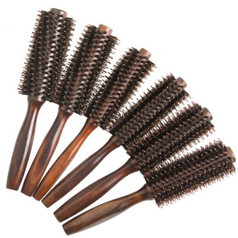 6 tipos de sarja reta pente de cabelo natural de cerdas de javali escova de rolamento redondo barril soprando curling diy cabeleireiro estilo ferramenta