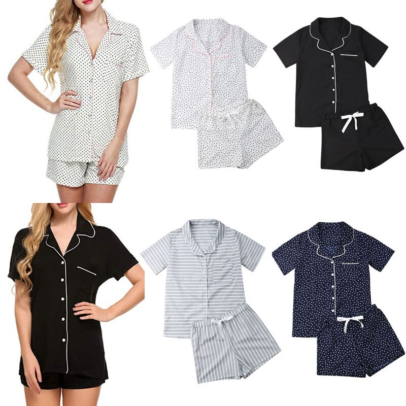 Afslappet kvinder løse pyjamas sæt prik print sommer korte ærmer skjorter+bukser nattøj nattøj kvinde pyjamas hjemmetøj robe