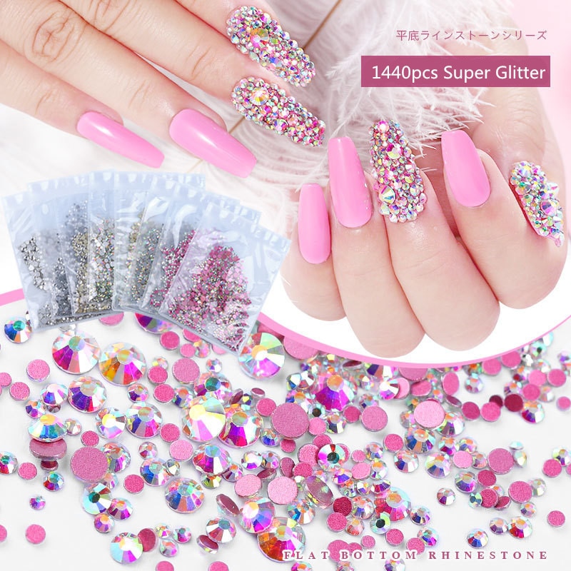 1440 st super glitter flatback nagelkristaller strass ab klar roséguld diy glas ädelstenar stenar naglar 3d nail art dekorationer