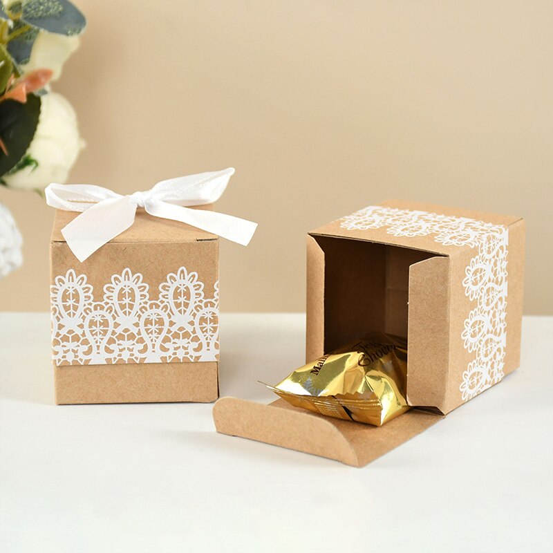 Caja con lazo de encaje para dulces, caja de papel Kraft con cintas, caja de de cumpleaños y boda, 10 piezas