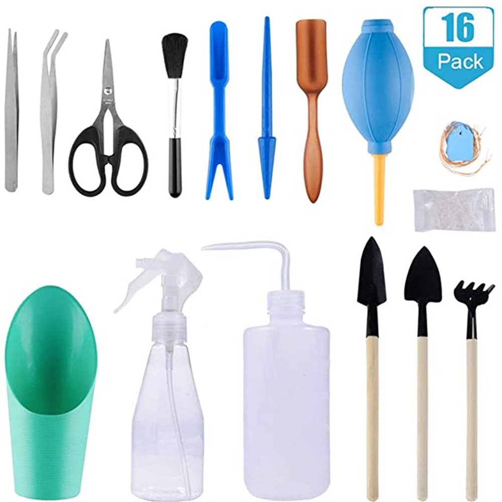 16pcs Bonsai Tools Garden Tools Set Succulent Plants Hand Tools Pot Growing Kit for Indoor Outdoor Plant Pruning Supplies