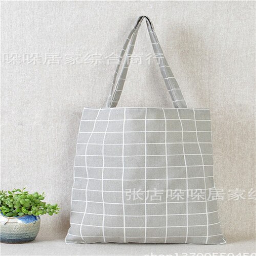 Novo algodão feminino linho reutilizável eco sacola de compras bolsa de ombro bolsa tote sacos de duffel moda xadrez bolsa de ombro meninas tote: 1 Gray