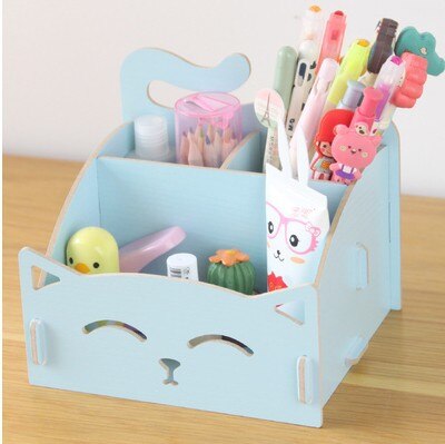 Penholder Wood Cosmetics Receiving Box Cute Cat Penholder Note Box Penholder Receiving Penholder: blue