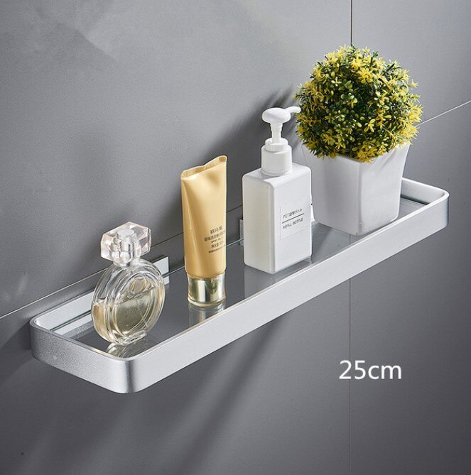 Badeværelseshylde bad bruser hylde søm fri glas hylde satin badeværelse hjørne hylde 25-50cm aluminium køkken opbevaring holder: 25cm hvide