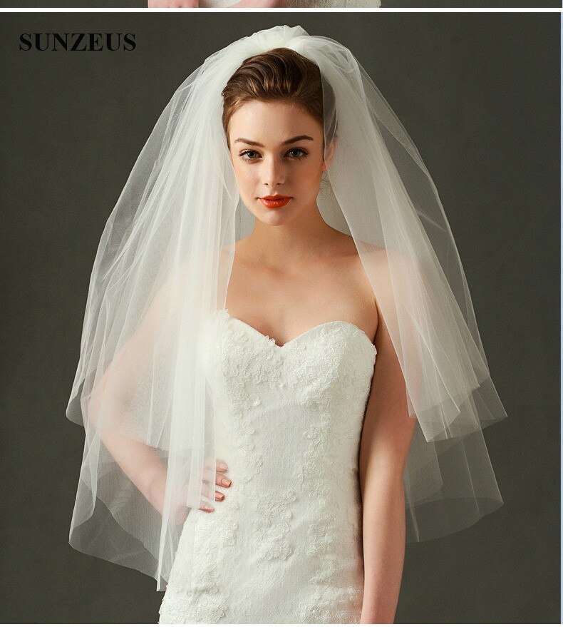 Witte ivoren bruidssluiers, eenvoudige tweelaagse tule bruidssluiers, gesneden rand, ellebooglengte sluier bv -075