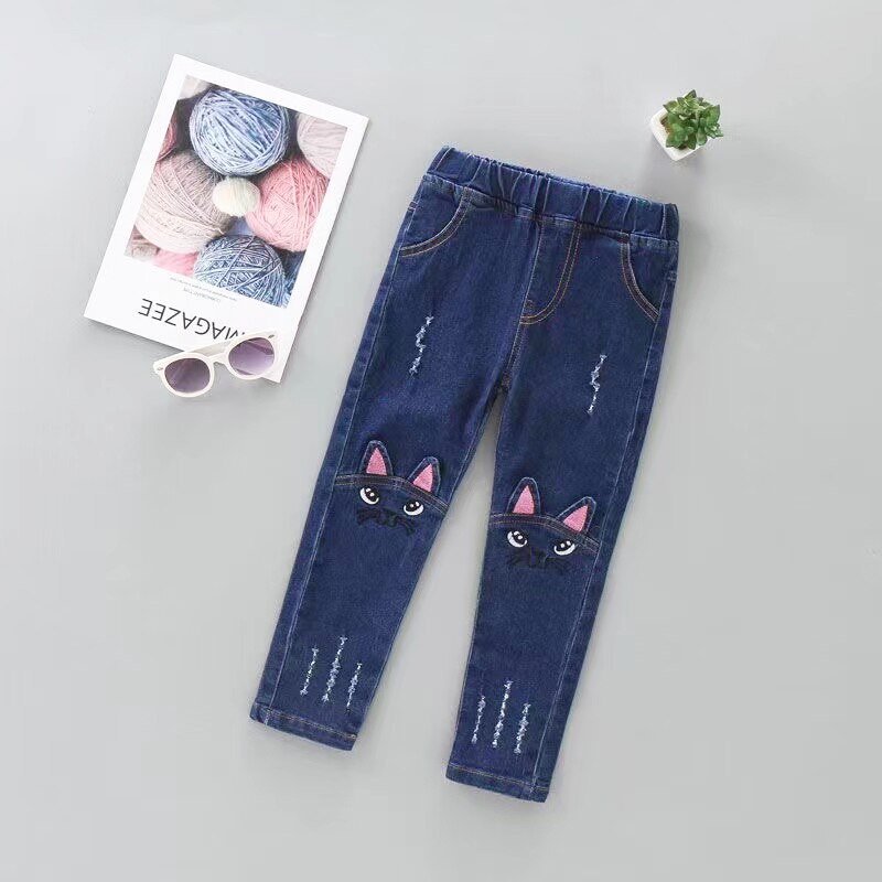Pantalon en jean déchiré pour fille, vêtement décontracté, chat mignon, pour enfant de 2 à 12 ans, printemps et automne: 160 (11-12Y)