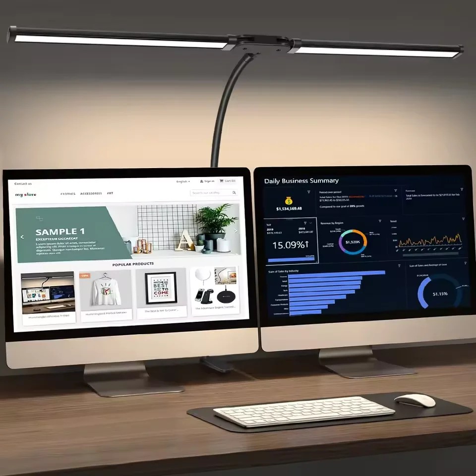 Lampada da scrivania per protezione degli occhi a doppia testa Luce regolabile a 10 livelli Clip LED da 10 W Collo di cigno flessibile Illuminazione per ufficio domestico Luci da scrivania