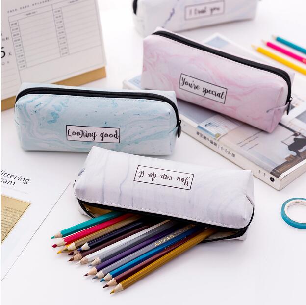 Estuches de lápices de mármol blanco y negro para niñas, gran capacidad, bolsa de cosméticos de cuero PU, Estuche escolar, suministros de oficina Zakka escolar