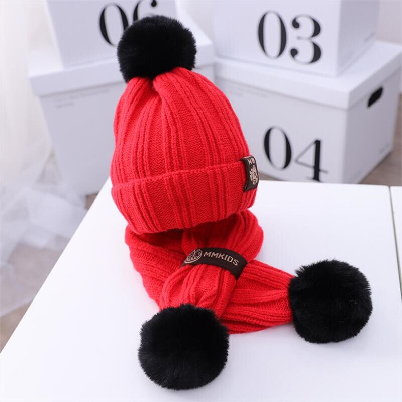Barn tyk kabel strik hat tørklæde til børn vinter varm tilføj fløjl beanies hat tørklæder 1-4t pige dreng patch pom pom cap unisex: Rød