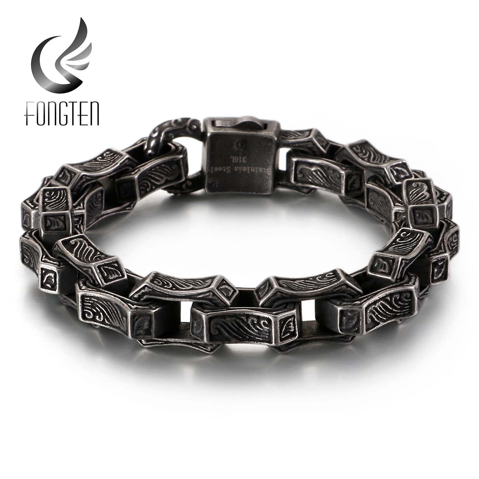Fontten årgang gravering firkantet armbånd menn rustfritt stål svart mansjett punk boks lenke kjede tilpasset armbånd mann smykker