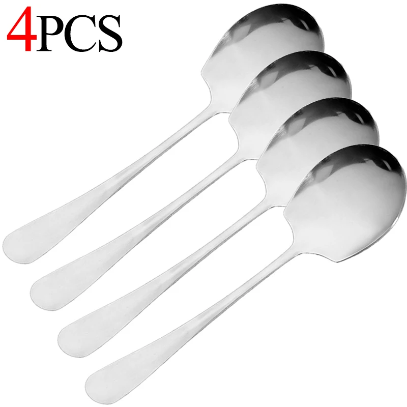 Cuchara grande de acero inoxidable para cena en casa, cuchara pública gruesa, cucharas de sopa con mango largo, vajilla para servir Buffet de cabeza redonda, 1/4 Uds.: gris