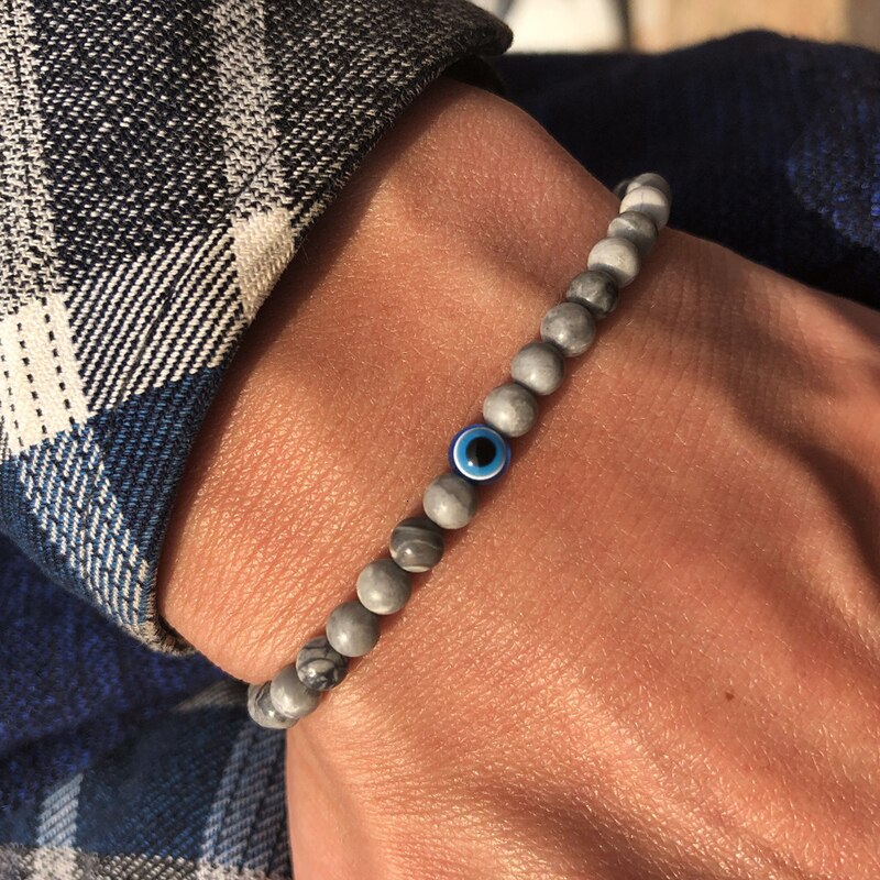 Trendy Blue Eye Charm Bracelet For Men Handmade By 4mm Natural Stone Men Bracelet Jewelry Hombre Pulsera: 3