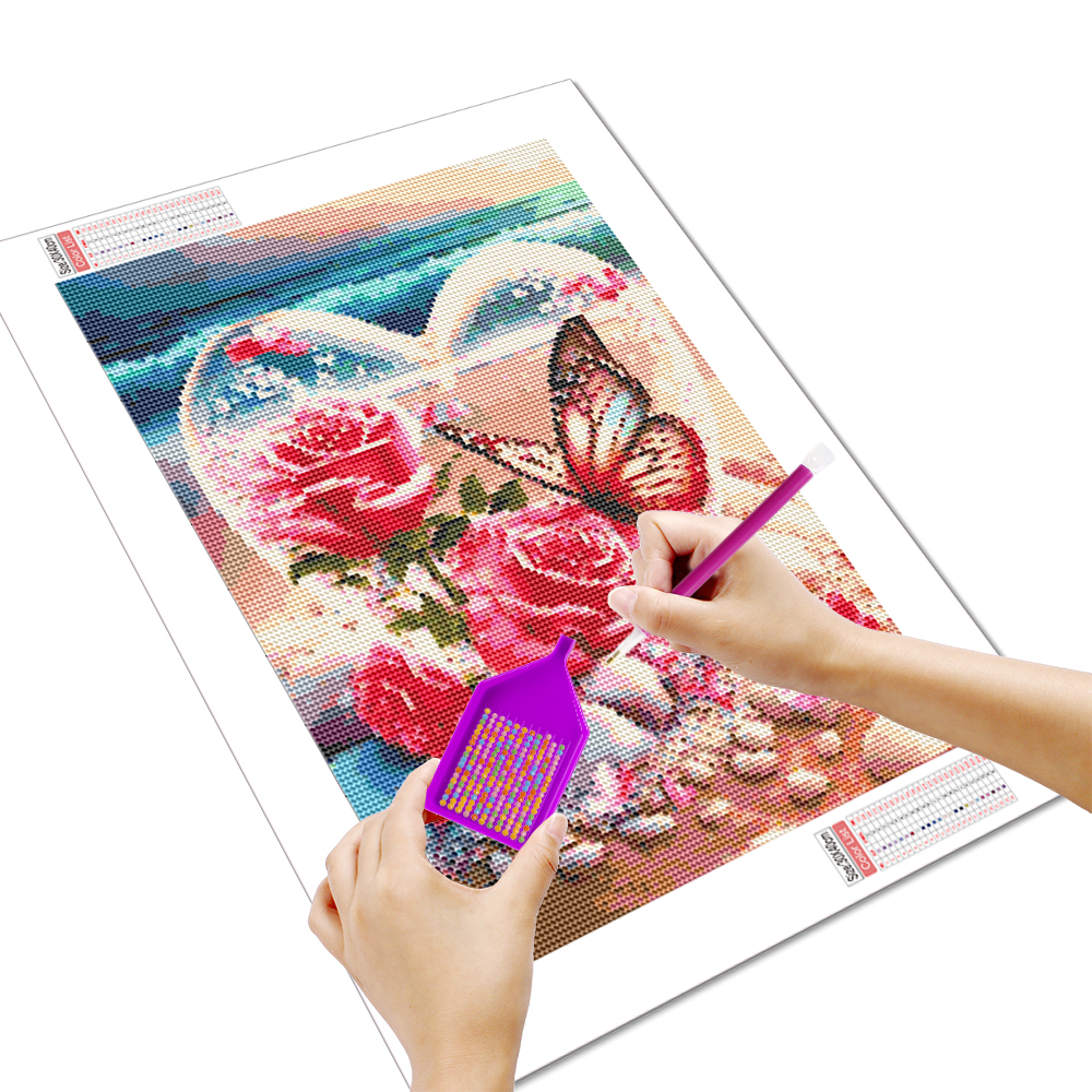 Mosaico de diamantes de mariposa rosa, pintura de diamantes redonda completa, corazón costero, artesanías, 30x40cm