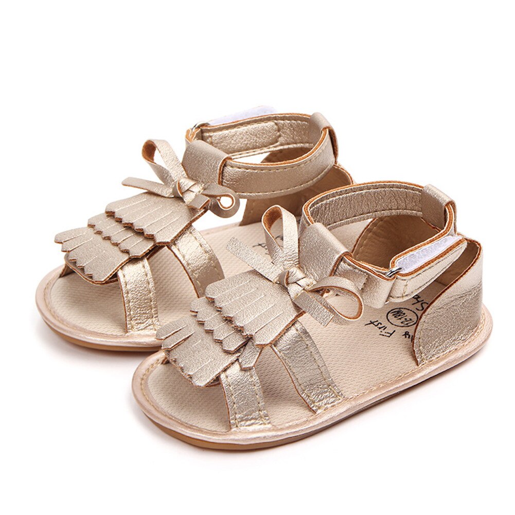 Sommer toddler baby piger afslappede sko sandal sko 0-18m solid bue krog flade pu sko baby sandaler: Guld / 7-12 måneder