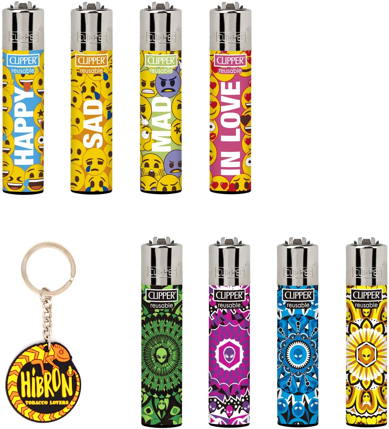 Pack de Clipper 8 Mecheros Encendedores Diversos Surtidos Bonitos + 1 Llavero Camaleón Hibron: 1-10003-95