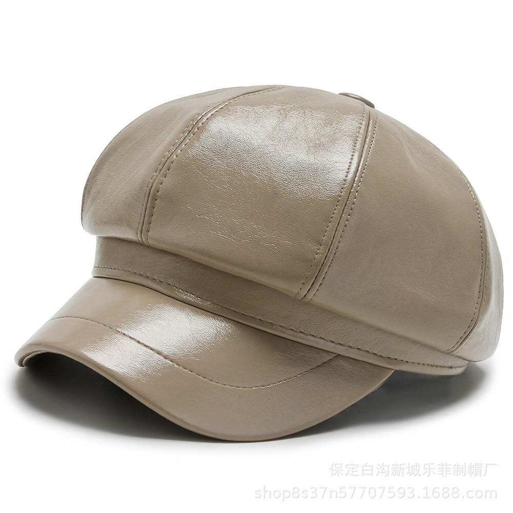 HOAREE rouge casquette gavroche femmes Vintage en cuir Pu automne hiver chapeaux pour femmes solide dames béret femme octogonale chapeau: Beige