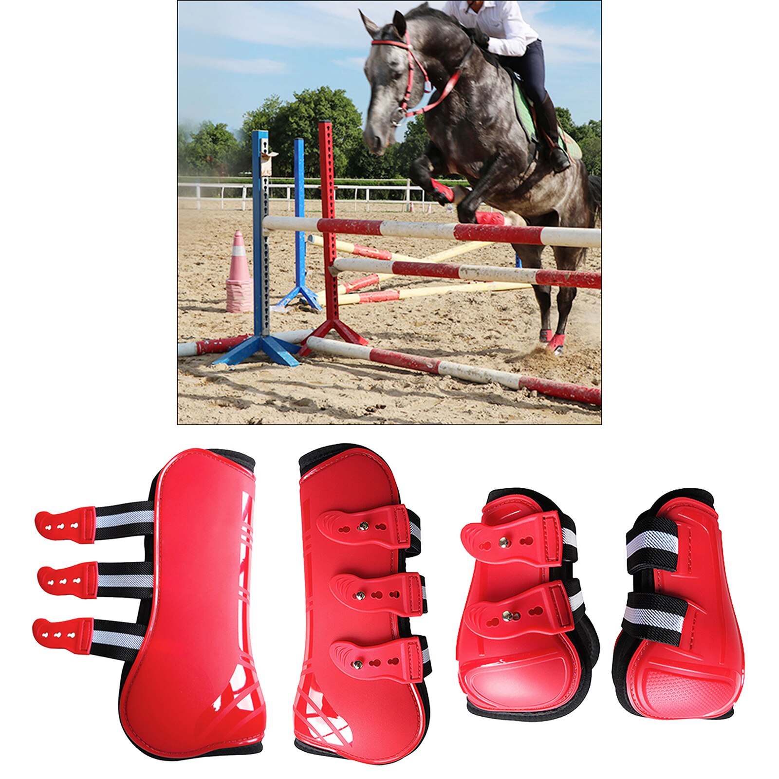 Horse Pu Shell Neoprene Lined Front/Rear Leg Boots Sets Horse Boots for Training Jumping Riding Eventing: Front Rear Red L