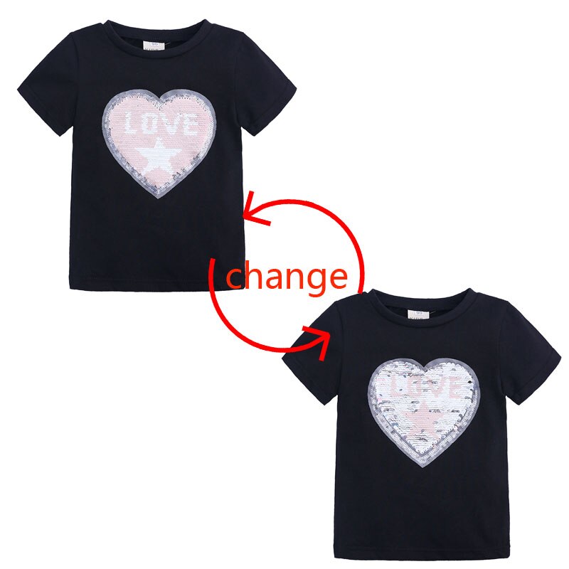 Elvesnest børn piger t-shirts pailletter kærlighed børn t shirt pige tøj bomuld korte ærmer børn toppe børn tøj: Sort / 4t