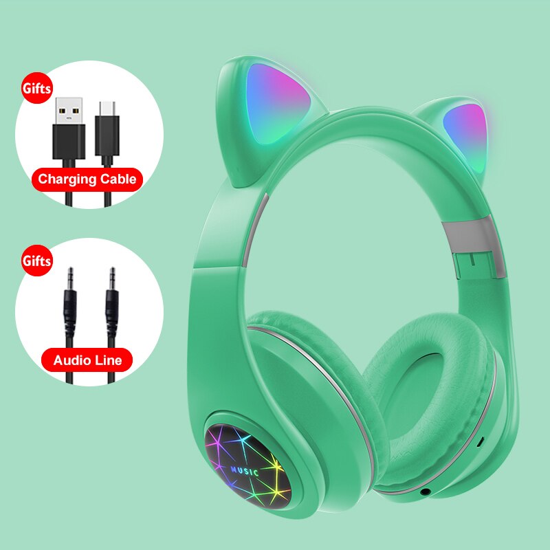 Cute Cat Earphones Wireless Headphones Muisc Stereo Bluetooth Headphone With Microphone Children Daughter Earpieces Headset: Green
