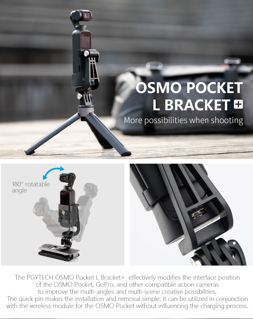 PGYTECH Dji Osmo Pocket Universal Mount Kit Aluminum Camera L Bracket Mount to Data Port to Universal Mount Accessories