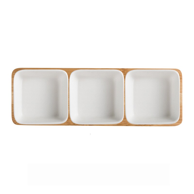 Firkantet keramik frugtfad keramisk fad salat tallerken porcelæn snacks slik nøddesesserter øko naturlig serverings bambus bakke sæt: 3 stk dragt hvid