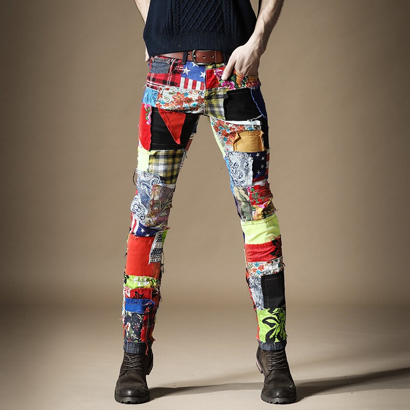 Heren patchwork jeans kleurrijke rechte broek slim fit hiphop streetwear individuele denim broek