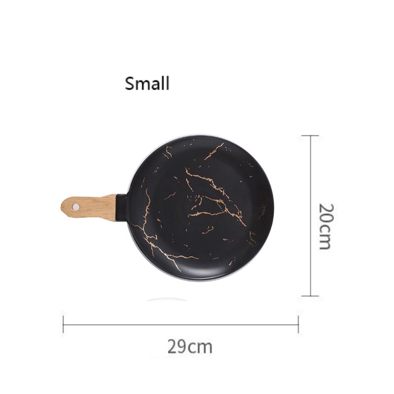 Marble Stripe Round Ceramic Pizza Pasta Plate Cookware Porcelain Sushi Tableware Wooden Bamboo Handle Hold In Hand Suspension: Black  Small